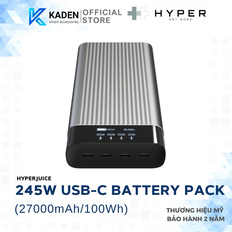 Sạc dự phòng HyperJuice 245W USB-C Battery Pack 27000mAh HJ245B - Hàng chính hãng - Tổng công suất lên đến 245W