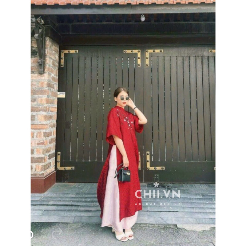 Áo Dài Cách Tân Mai Chi Dáng Suông Màu Đỏ