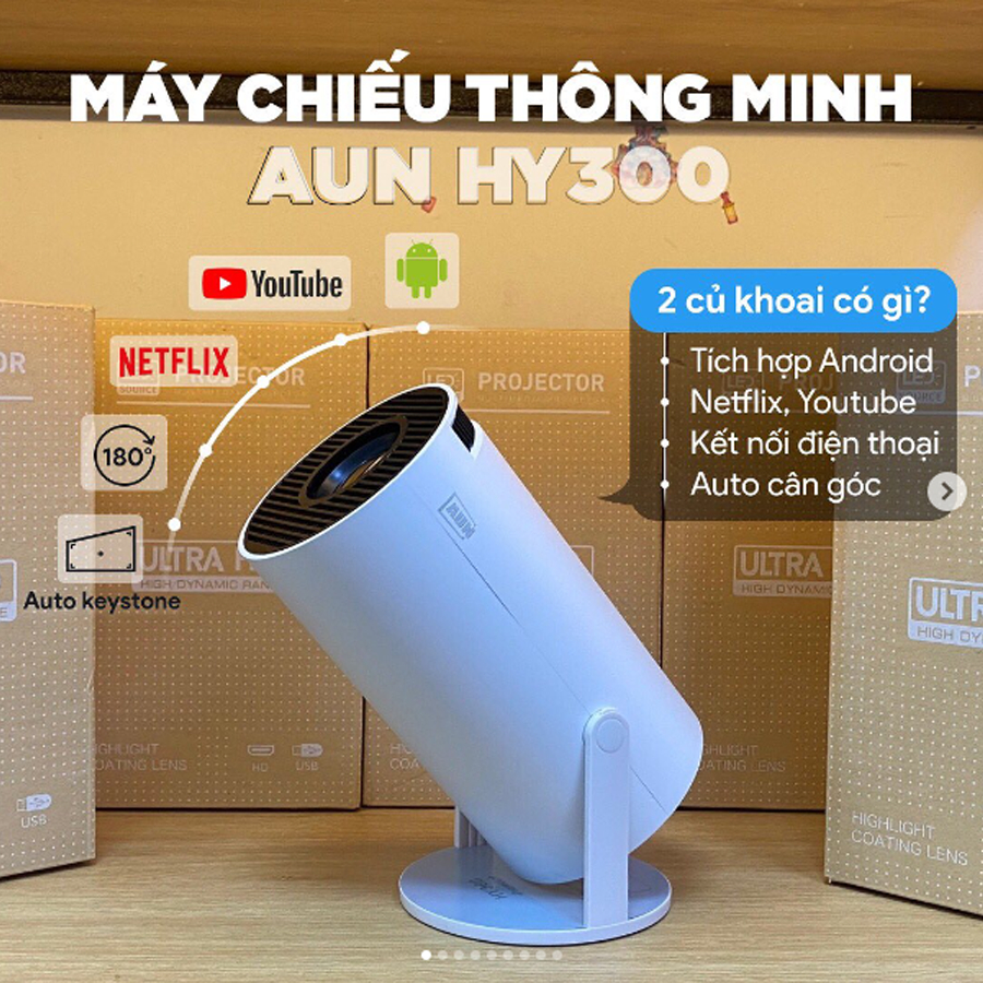 AUN HY300 - Máy chiếu mini xoay 180 độ - tích hợp Android 11 và tính năng Auto keystone chỉnh nghiêng trên gimbal