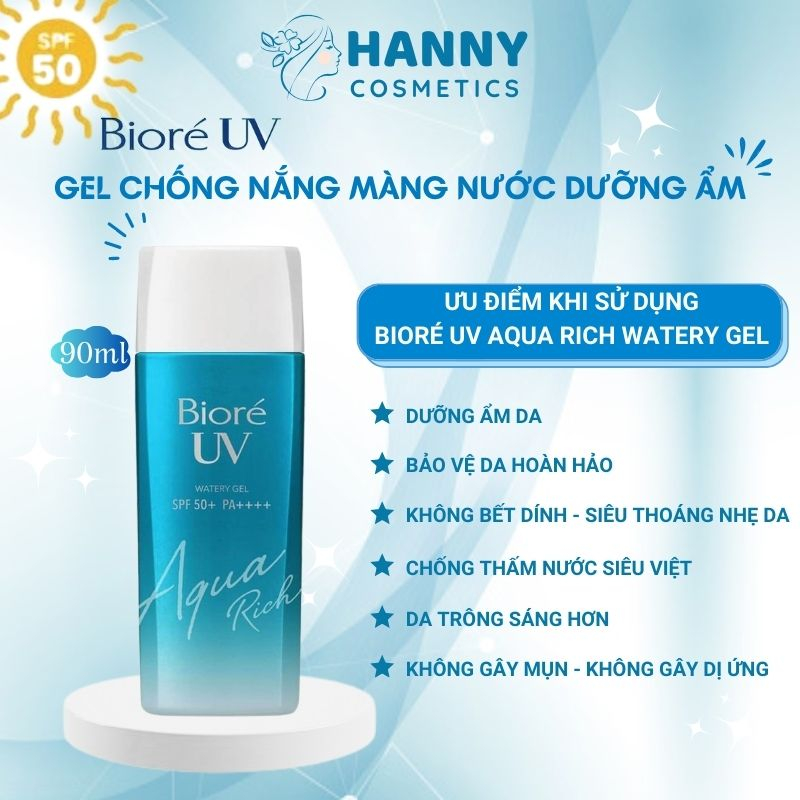 Gel chống nắng màng nước dưỡng ẩm, nâng tone Bioré UV Aqua Rich Watery Gel SPF50+ PA++++ tuýp 90ml