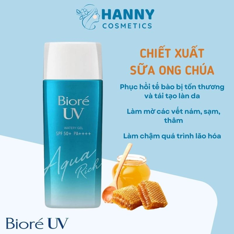 Gel chống nắng màng nước dưỡng ẩm, nâng tone Bioré UV Aqua Rich Watery Gel SPF50+ PA++++ tuýp 90ml