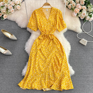 #3511 [Order] Đầm Thời trang mùa hèncổ chữ V phồng tay ngắn eo thon dáng chữ A xếp nếp váy hoa
