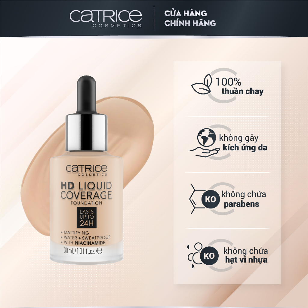 Kem nền Catrice HD Liquid Coverage Foundation che phủ tự nhiên tạo độ mịn màng cho da 30ml