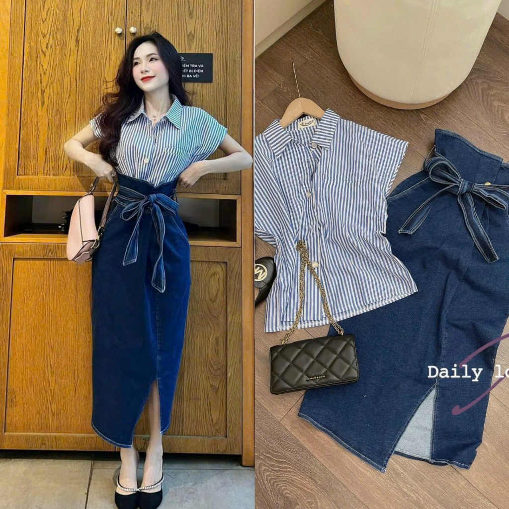 Set chân váy jean cứng xẻ ống mix áo sơ mi ngắn tay kẻ sọc phong cách trẻ trung, cá tính