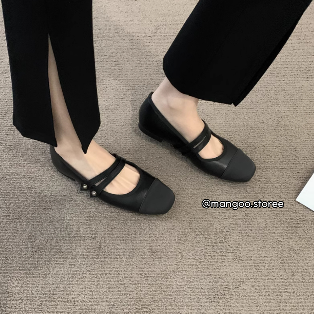 Giày búp bê bệt hai dây ngang phối màu phong cách tiểu thư đơn giản