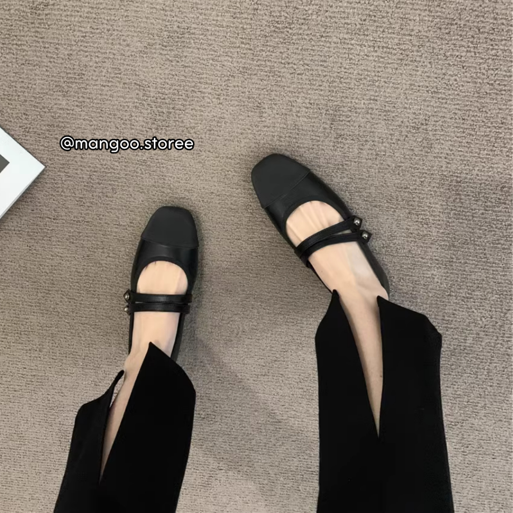 Giày búp bê bệt hai dây ngang phối màu phong cách tiểu thư đơn giản