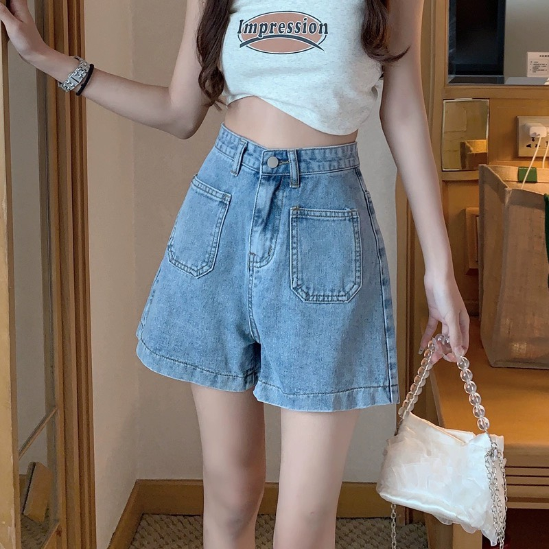 Quần shorts cạp cap phong cách, quần short ống rộng túi trước_C12