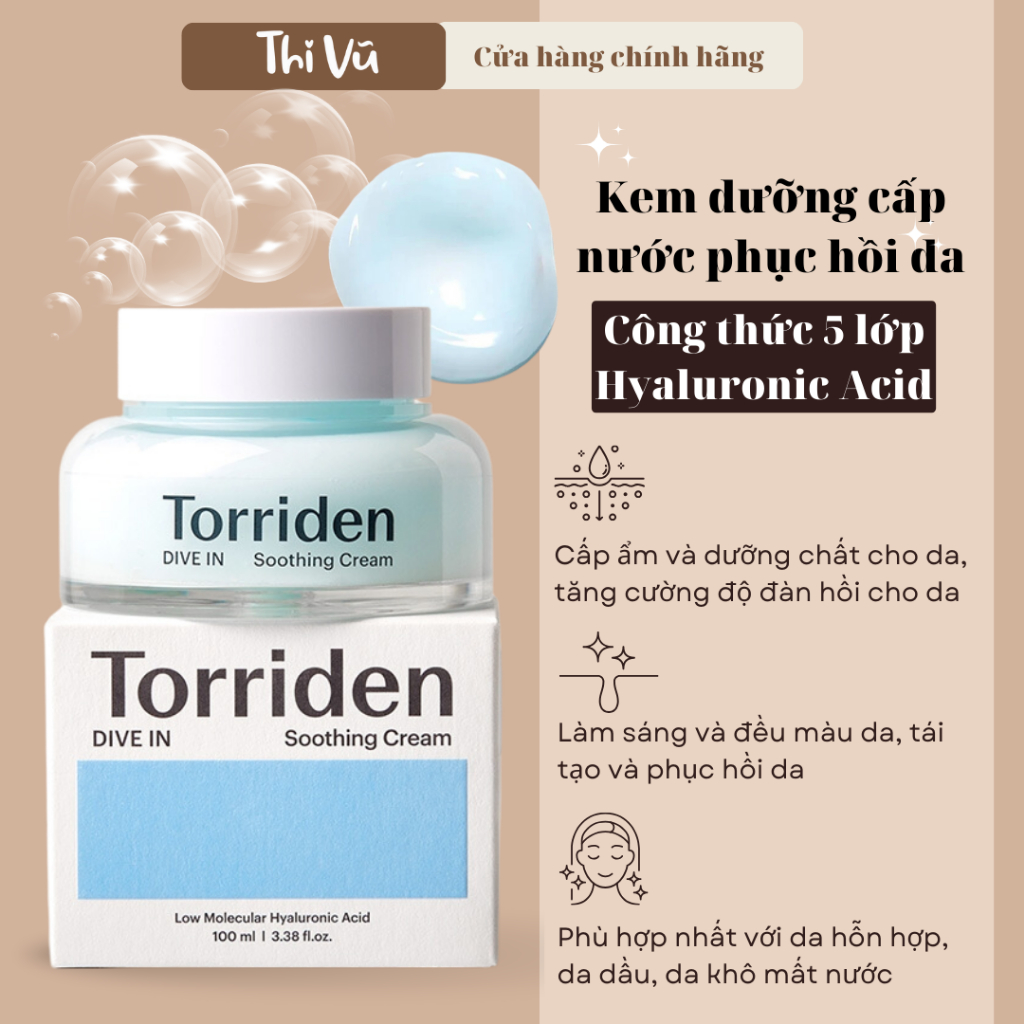 Kem dưỡng ẩm cấp nước phục hồi da TORRIDEN Dive In Soothing Cream 100ml