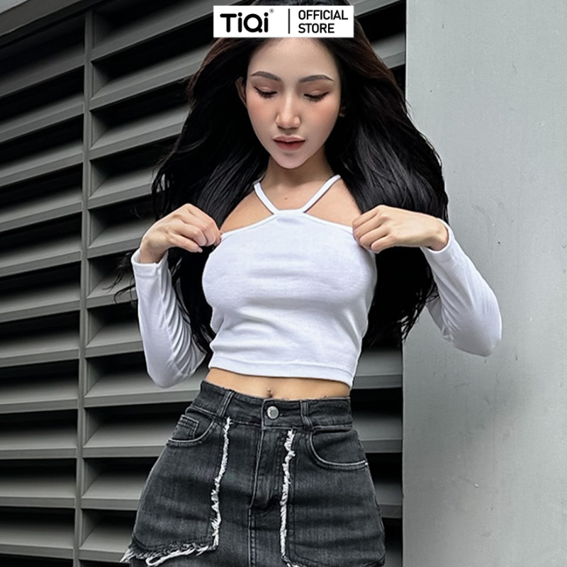 Áo croptop nữ dài tay ôm kiểu yếm hở vai nhiều màu TiQi Jeans A-180