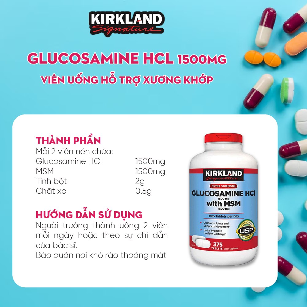 Viên uống Glucosamine HCL 1500mg With MSM 1500mg Kirkland Signature 375 viên cải thiện vấn đề về xương khớp, dịch nhầy