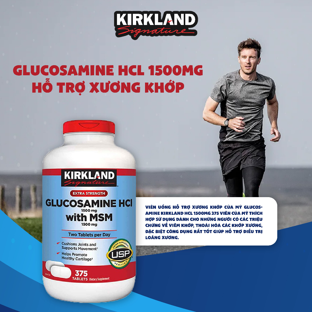 Viên uống Glucosamine HCL 1500mg With MSM 1500mg Kirkland Signature 375 viên cải thiện vấn đề về xương khớp, dịch nhầy