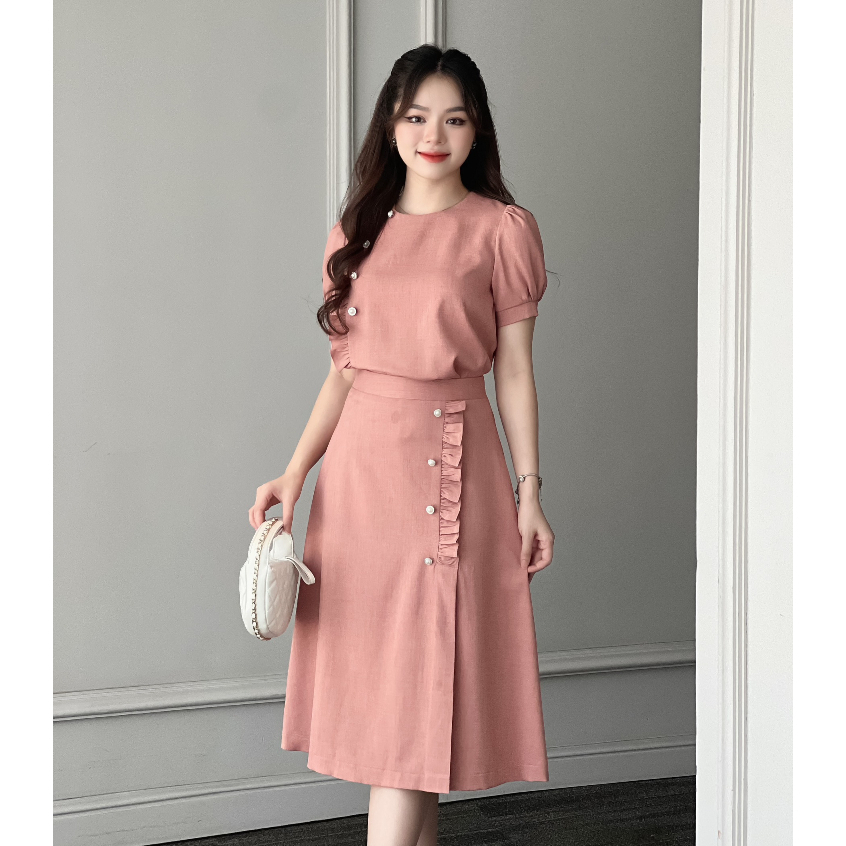 Set Áo Sơ Mi Nữ Ngắn Tay Và Chân Váy Dáng Dài Màu Hồng Thời Trang Rosara SET42