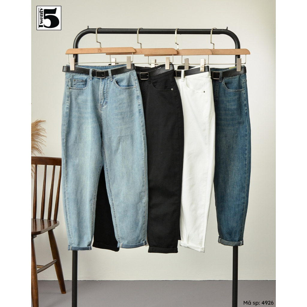 Quần jeans nữ Twentyfive vải mềm mỏng co dãn dáng baggy cạp cao kèm thắt lưng 4926