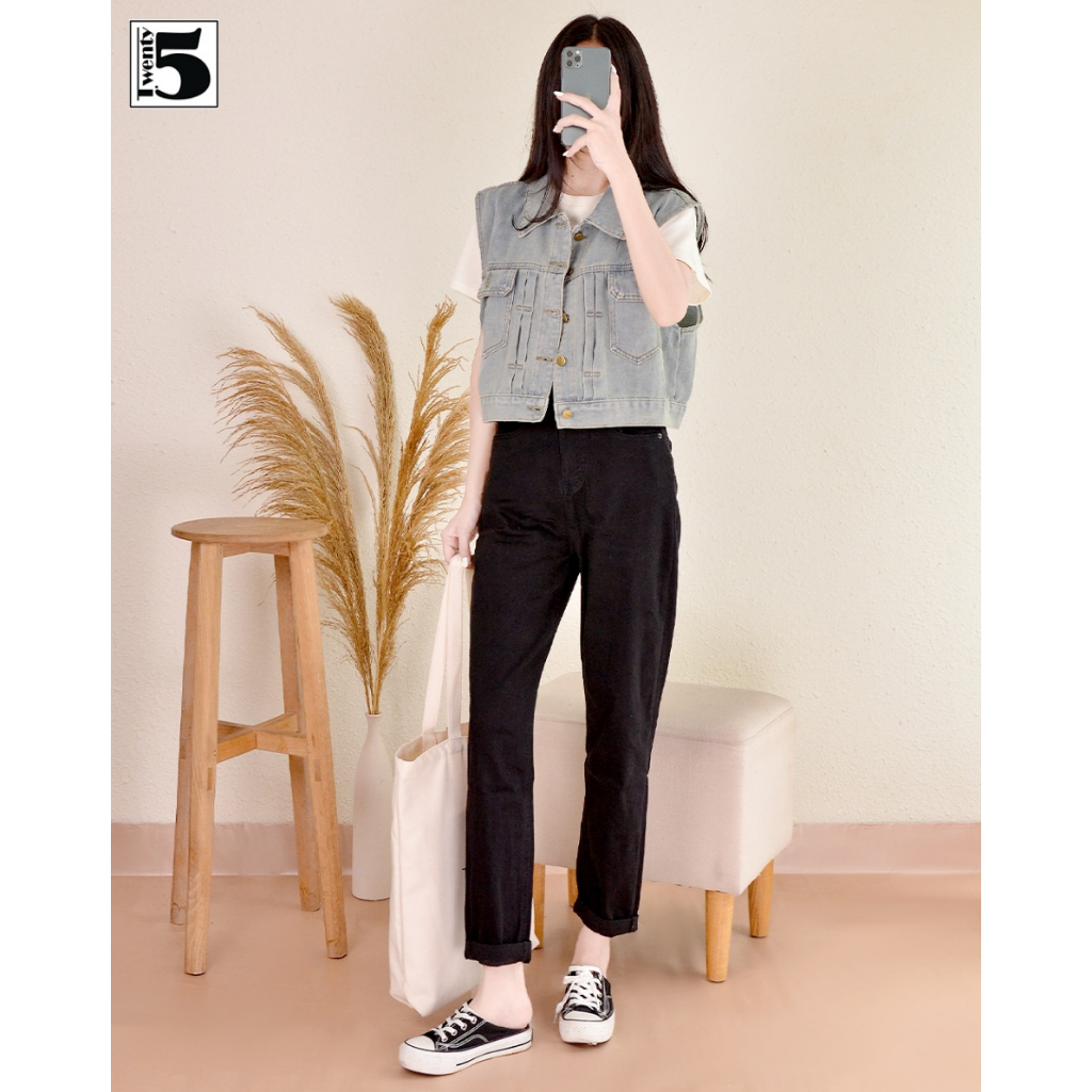 Quần jeans nữ Twentyfive vải mềm mỏng co dãn dáng baggy cạp cao kèm thắt lưng 4926