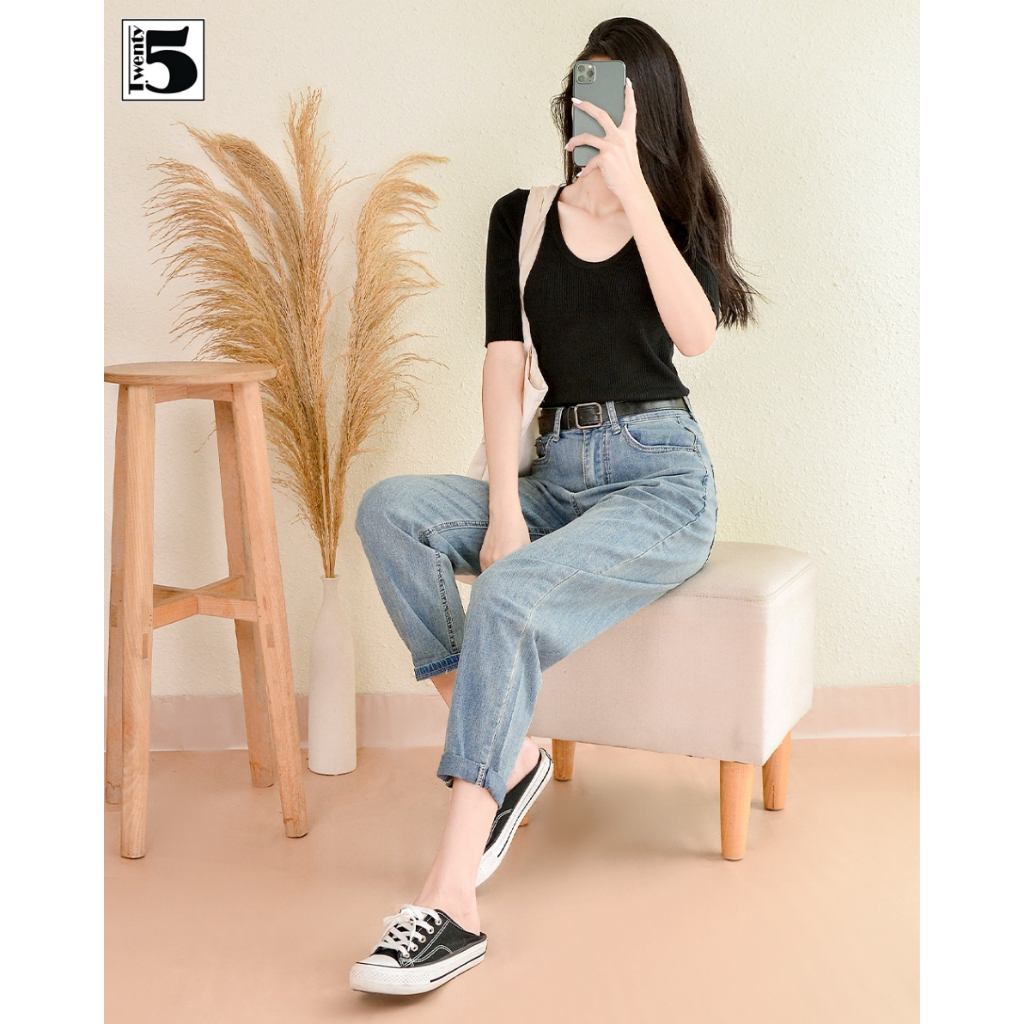 Quần jeans nữ Twentyfive vải mềm mỏng co dãn dáng baggy cạp cao kèm thắt lưng 4926