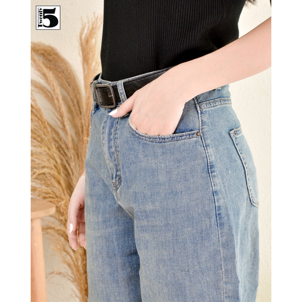 Quần jeans nữ Twentyfive vải mềm mỏng co dãn dáng baggy cạp cao kèm thắt lưng 4926