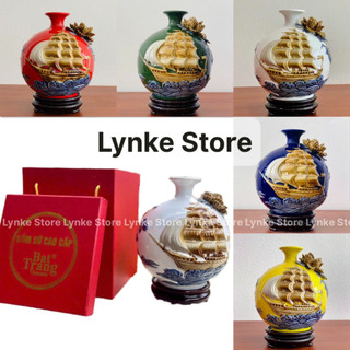 Bình Hút Tài Lộc Cao 22cm Thuận Buồm Xuôi Gió Đắp Nổi Men Màu Tặng Kèm Đế Gốm Sứ Bát Tràng Cao Cấp