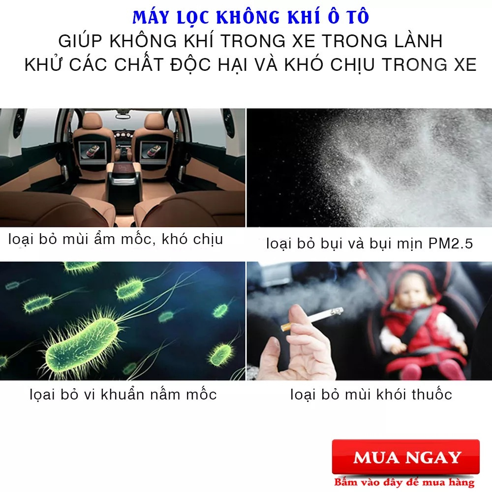 Máy Lọc Không Khí Ô Tô Ion âm Air Purifier - Thiết Bị Khử Mùi Diệt Khuẩn Trên Xe Hơi