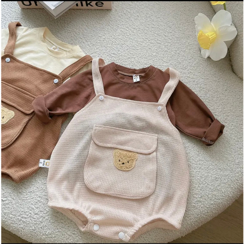 Set áo dài tay và yếm gấu màu be nâu cho bé trai, bé gái sơ sinh đến 1 tuổi