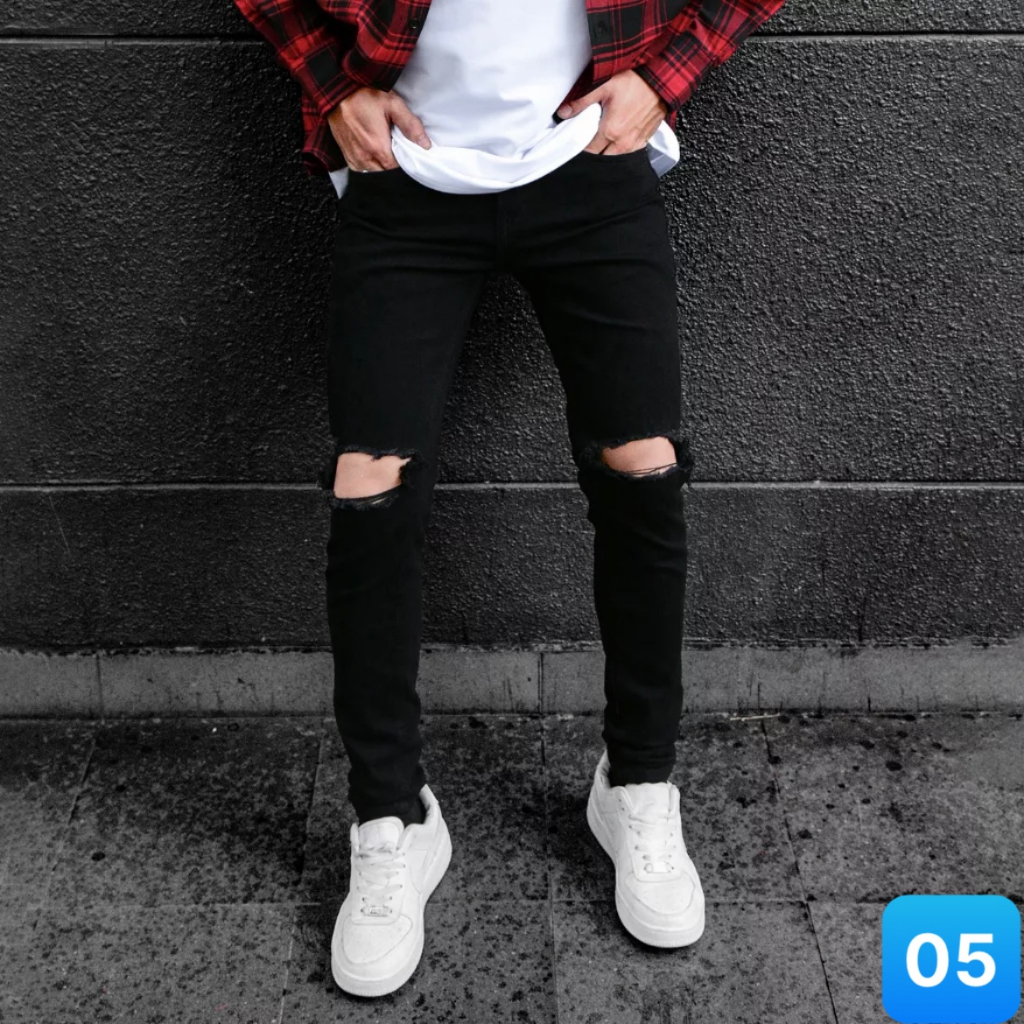 Quần jean nam rách vá gối màu đen đậm chất bò cao cấp co dãn 4 chiều cực đẹp, quần rin nam ptz.boutique Q91