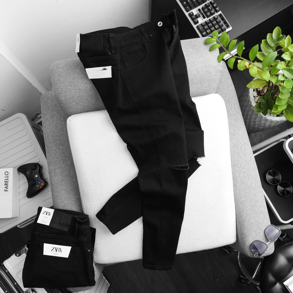 Quần jean nam rách vá gối màu đen đậm chất bò cao cấp co dãn 4 chiều cực đẹp, quần rin nam ptz.boutique Q91