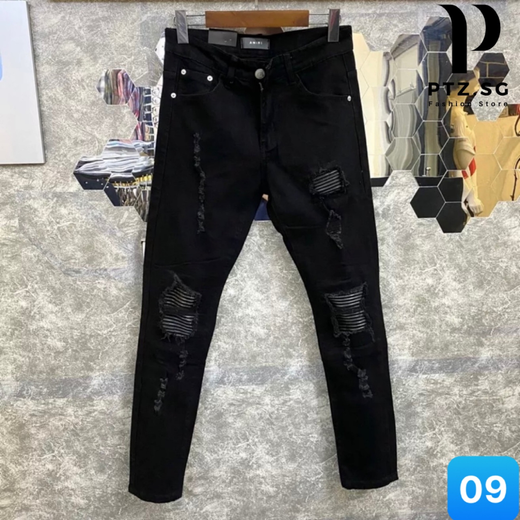 Quần jean nam rách vá gối màu đen đậm chất bò cao cấp co dãn 4 chiều cực đẹp, quần rin nam ptz.boutique Q91