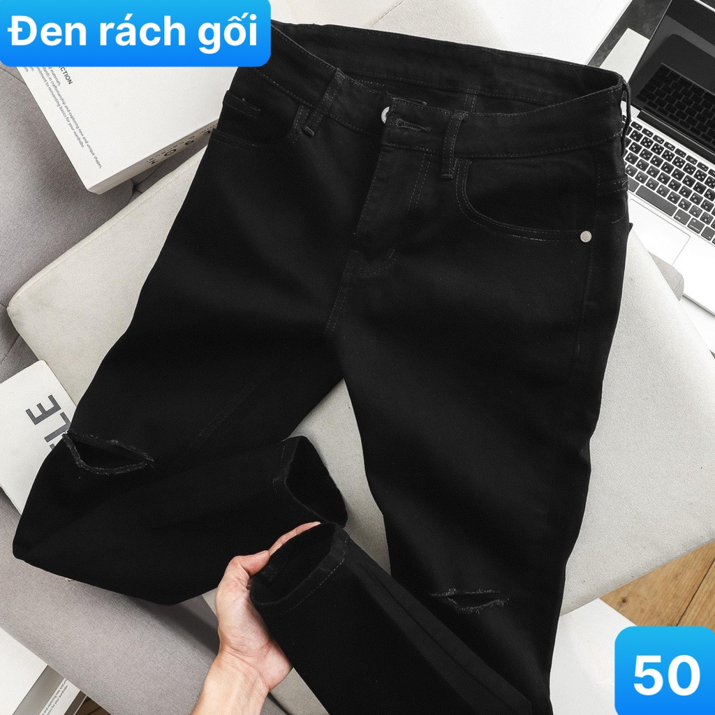 Quần jean nam rách vá gối màu đen đậm chất bò cao cấp co dãn 4 chiều cực đẹp, quần rin nam ptz.boutique Q91