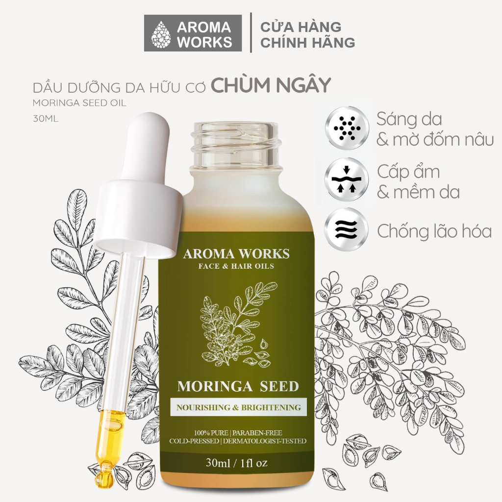 Dầu hạt Chùm ngây Aroma Works Moringa Seed Face & Hair Oil cấp ẩm, sáng da, mờ nám, mờ nếp nhăn