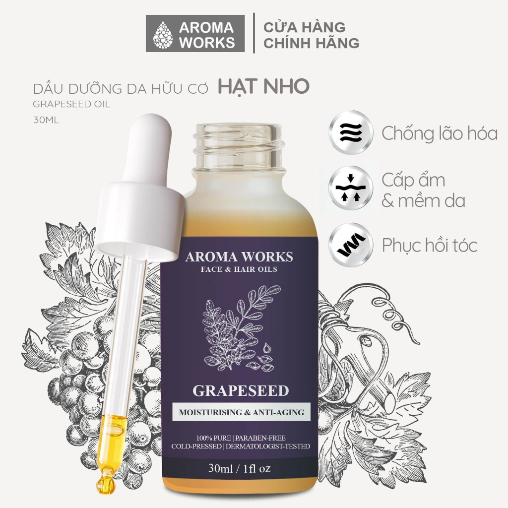 Dầu Hạt Nho Aroma Works Face & Hair Oil Grapeseed, dưỡng ẩm, mờ nếp nhăn, massage body