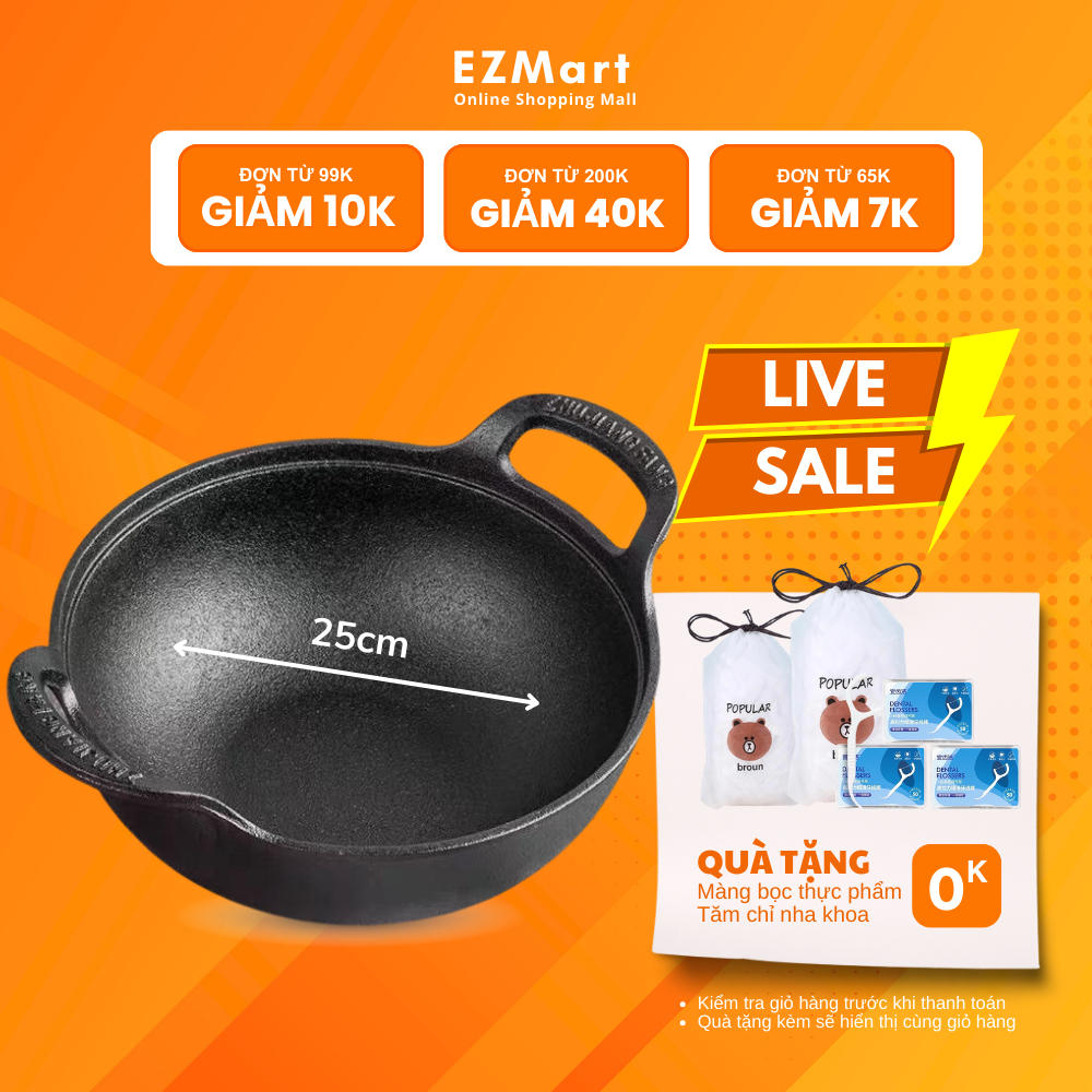 Chảo chống dính sâu lòng, chảo gang chống dính dùng Chiên - Xào - Rán phủ lớp men đá Size 25cm Dung Tích 1.3L CG25