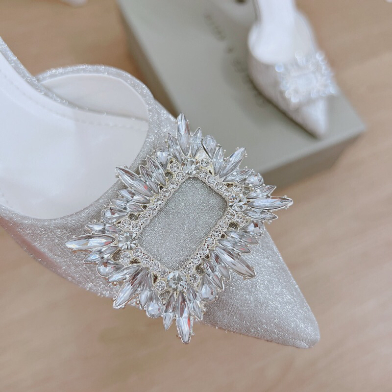 Giày cao gót kim sa mũi nhọn gắn đá, giày bít mũi quai hậu gót nhọn 9cm mã BG