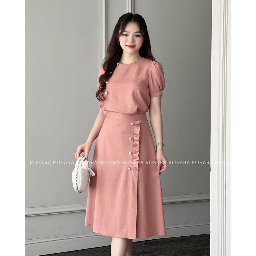 Set Áo Sơ Mi Nữ Ngắn Tay Và Chân Váy Dáng Dài Màu Hồng Thời Trang Rosara SET42