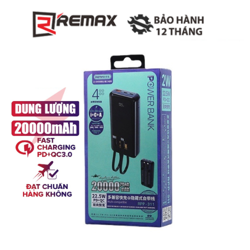 Pin dự phòng Remax RPP-311 20000mAh 1 cổng USB và 1 cổng Type C kèm cáp sạc Type C và Lightning sạc nhanh QC3.0