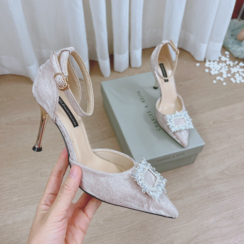 Giày cao gót kim sa mũi nhọn gắn đá, giày bít mũi quai hậu gót nhọn 9cm mã BG