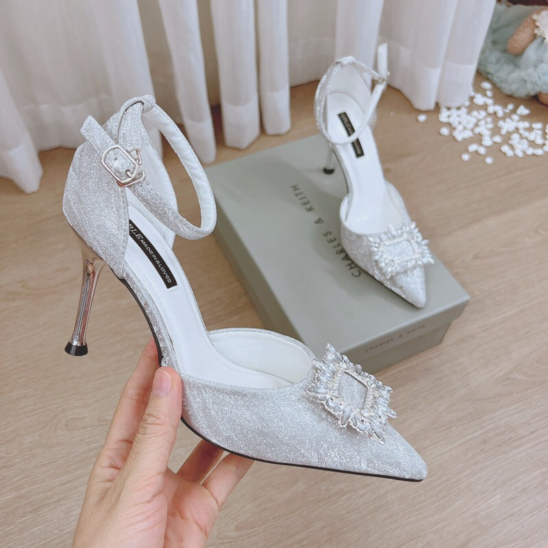Giày cao gót kim sa mũi nhọn gắn đá, giày bít mũi quai hậu gót nhọn 9cm mã BG