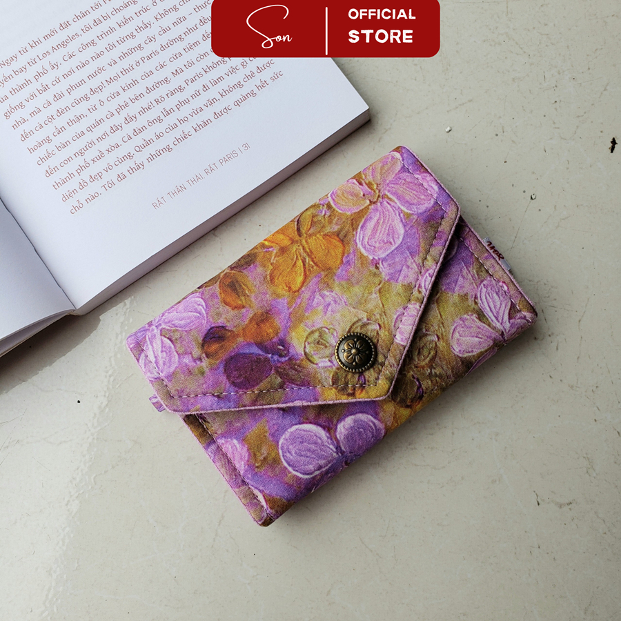 Ví Vải Handmade Hoa Tím 3D Vải In Siêu Đẹp Nắp Bì Thư Thời Trang