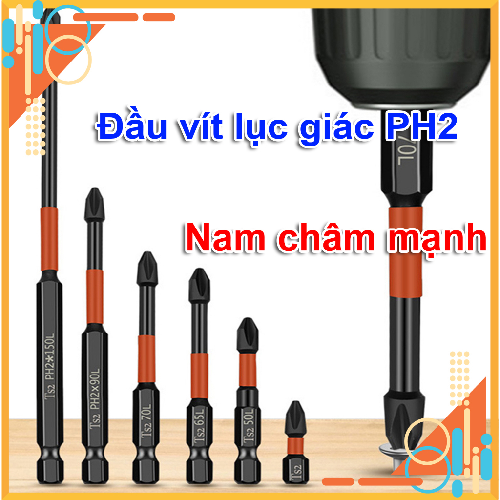 Mũi Bắn Vít Đầu PH2 Bake Chữ Thập BAKE Từ Tính Cao, Chân Lục Giác Dài Ngắn Từ 25mm 50mm 65mm 70mm 90mm 150mm cho máy vít