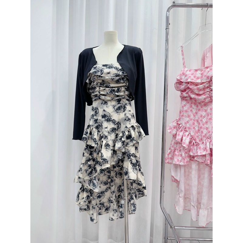 Váy 2 Dây Hoa Nhí  Hồng Đuôi Cá Kèm Áo Cardigan Mỏng Cùng Màu Phong Cách Hàn Thời Trang Mùa Thu