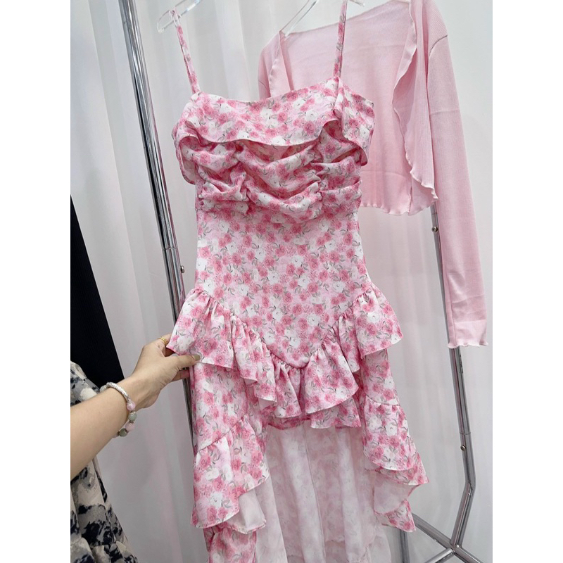Váy 2 Dây Hoa Nhí  Hồng Đuôi Cá Kèm Áo Cardigan Mỏng Cùng Màu Phong Cách Hàn Thời Trang Mùa Thu