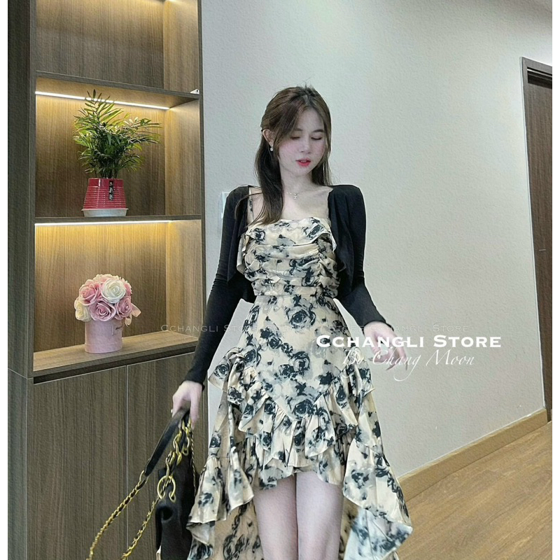 Váy 2 Dây Hoa Nhí  Hồng Đuôi Cá Kèm Áo Cardigan Mỏng Cùng Màu Phong Cách Hàn Thời Trang Mùa Thu