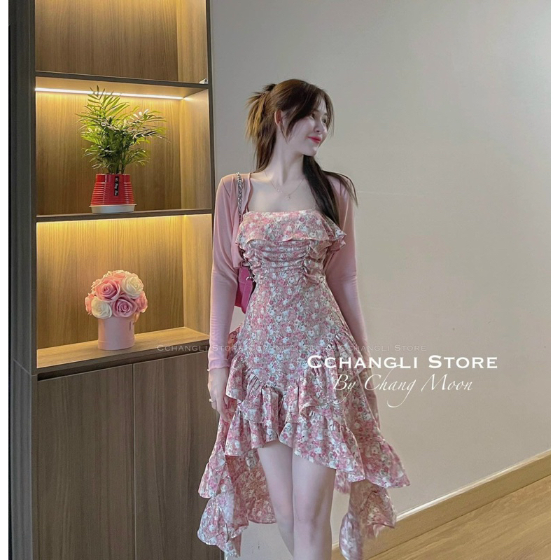 Váy 2 Dây Hoa Nhí  Hồng Đuôi Cá Kèm Áo Cardigan Mỏng Cùng Màu Phong Cách Hàn Thời Trang Mùa Thu