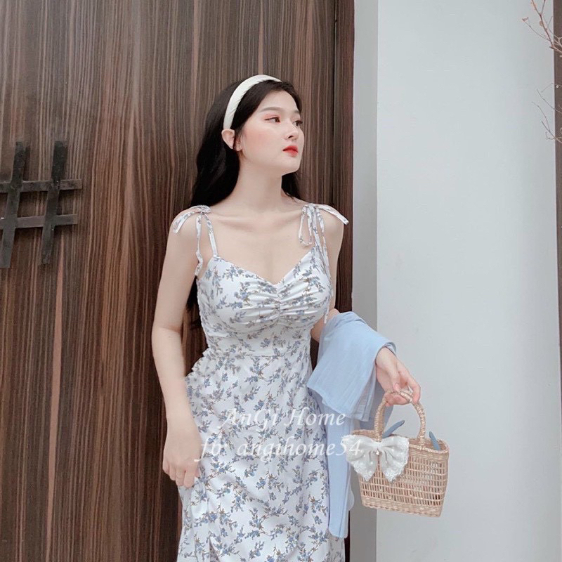 Sét Đầm 2 dây nhún ngực phối áo khoác gân xịn sò màu y hình