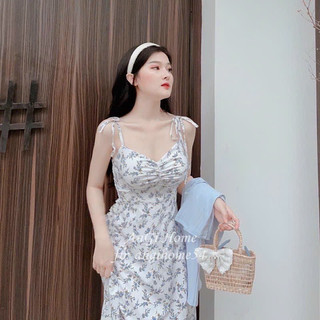 Set đầm mìdi nữ 2 món, đầm maxi 2 dây in hoa xanh nhún ngực dáng dài kèm khoác gân màu xanh nàng thơ dx