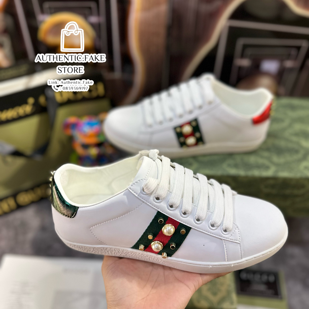 Giày Thể Thao GC Wmns Ace Studded White, Giày Sneaker Guccii Đinh Đá Ngọc + Trai Cao Cấp