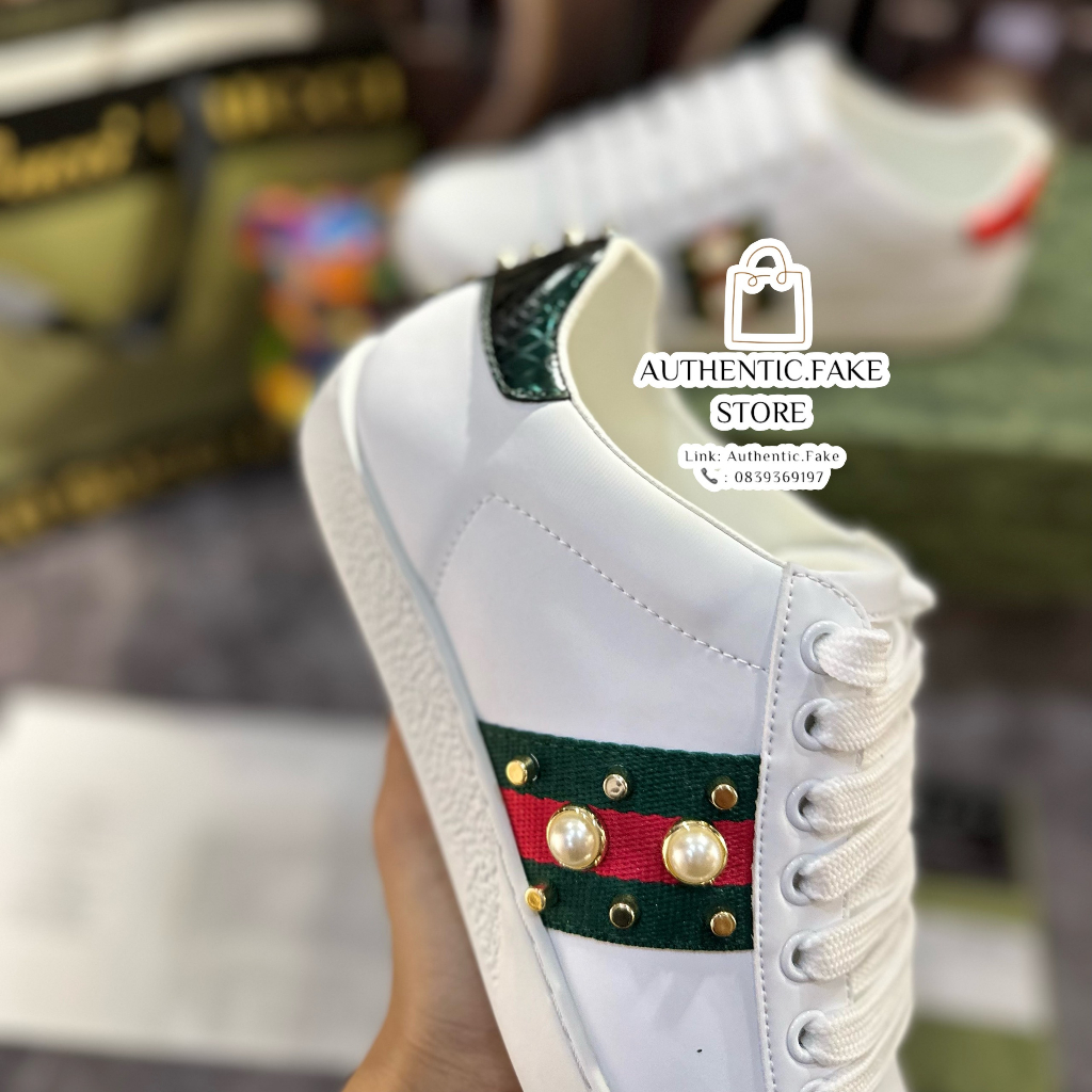 Giày Thể Thao GC Wmns Ace Studded White, Giày Sneaker Guccii Đinh Đá Ngọc + Trai Cao Cấp