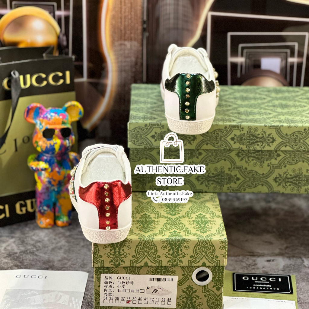 Giày Thể Thao GC Wmns Ace Studded White, Giày Sneaker Guccii Đinh Đá Ngọc + Trai Cao Cấp