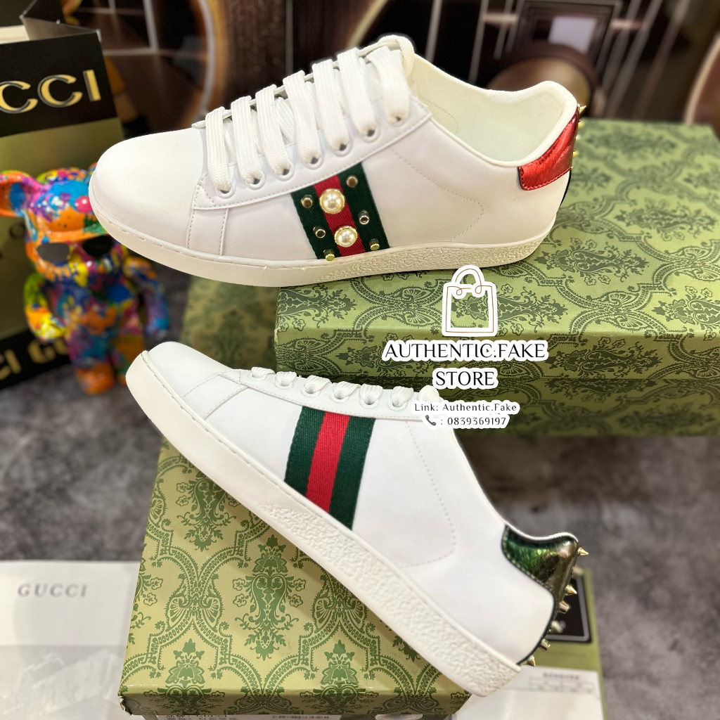 Giày Thể Thao GC Wmns Ace Studded White, Giày Sneaker Guccii Đinh Đá Ngọc + Trai Cao Cấp