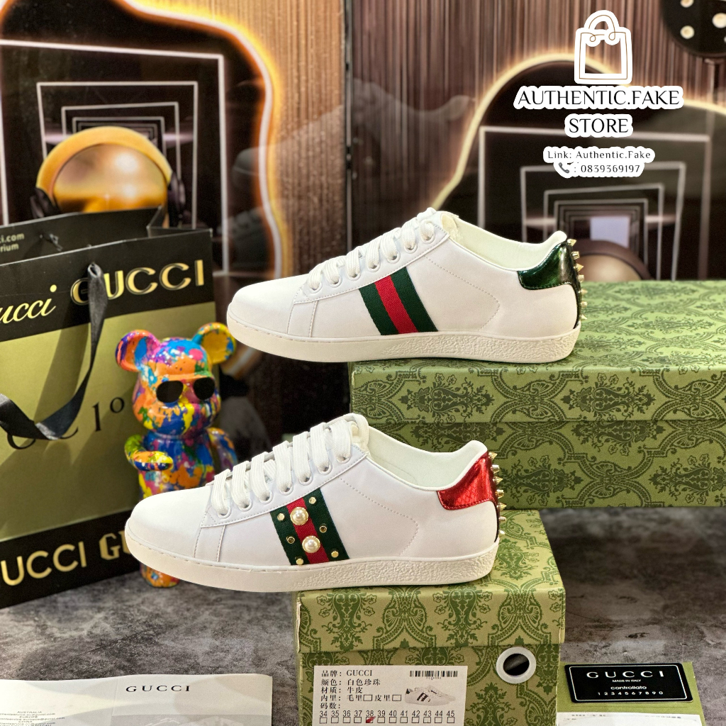 Giày Thể Thao GC Wmns Ace Studded White, Giày Sneaker Guccii Đinh Đá Ngọc + Trai Cao Cấp