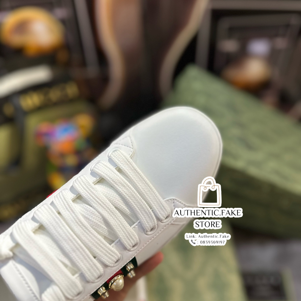 Giày Thể Thao GC Wmns Ace Studded White, Giày Sneaker Guccii Đinh Đá Ngọc + Trai Cao Cấp