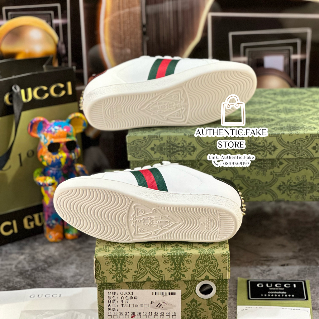 Giày Thể Thao GC Wmns Ace Studded White, Giày Sneaker Guccii Đinh Đá Ngọc + Trai Cao Cấp